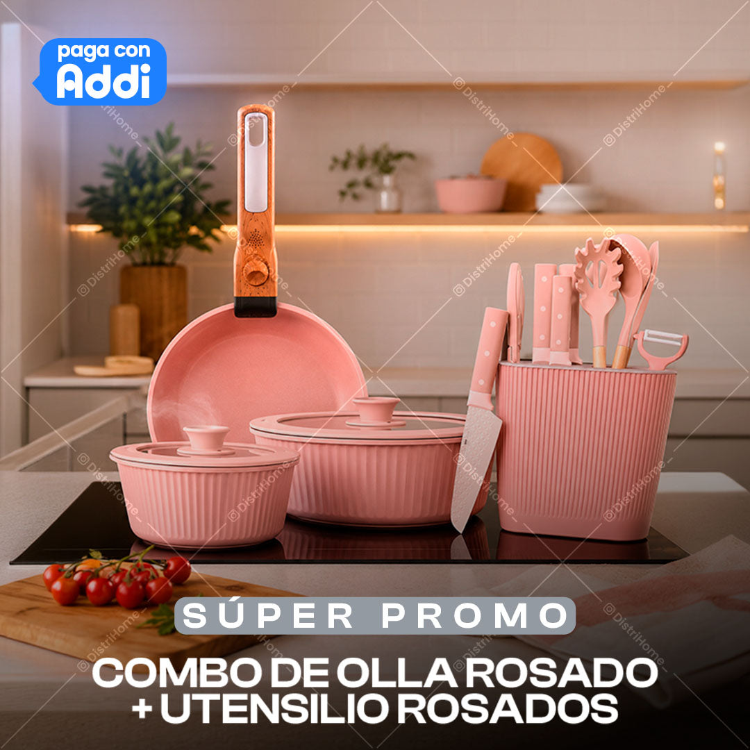 COMBO DE OLLA ROSADO + UTENSILIOS ROSADOS