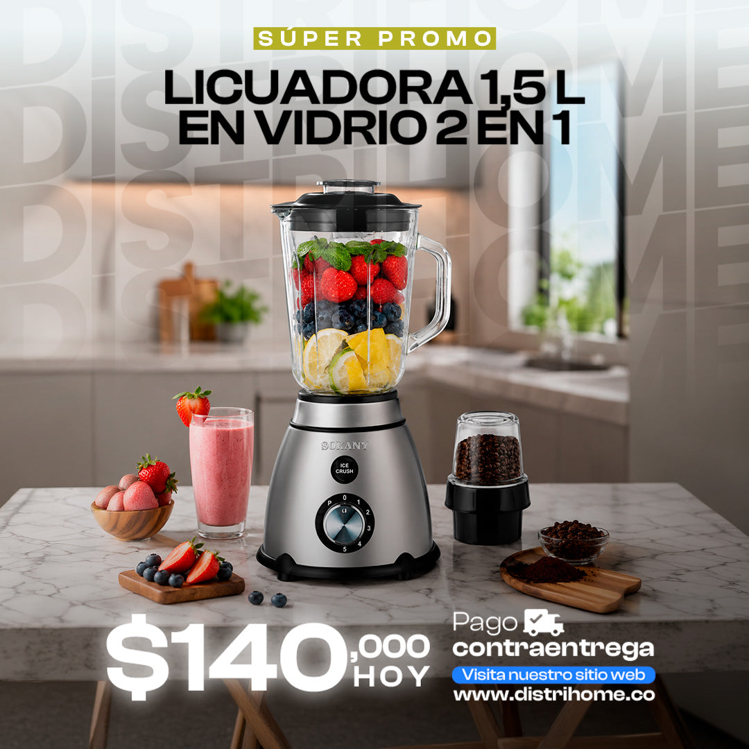 LICUADORA 2 EN 1 EN VIDRIO 1.5L