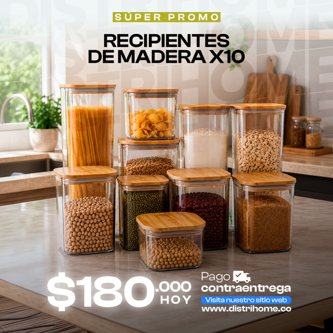 SET DE RECIPIENTES X10 CON TAPA DE MADERA