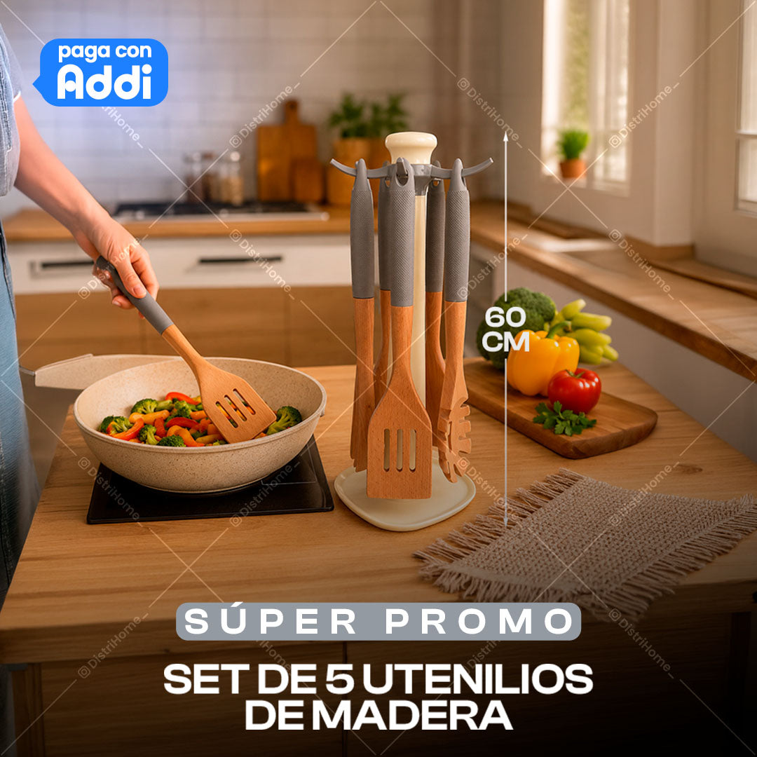 JUEGO DE 5 UTENSILIOS DE MADERA + BASE