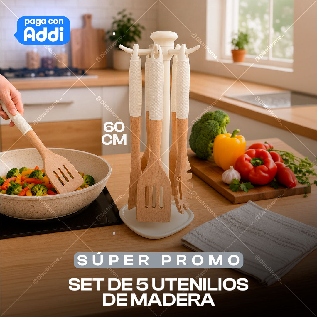 JUEGO DE 5 UTENSILIOS DE MADERA + BASE