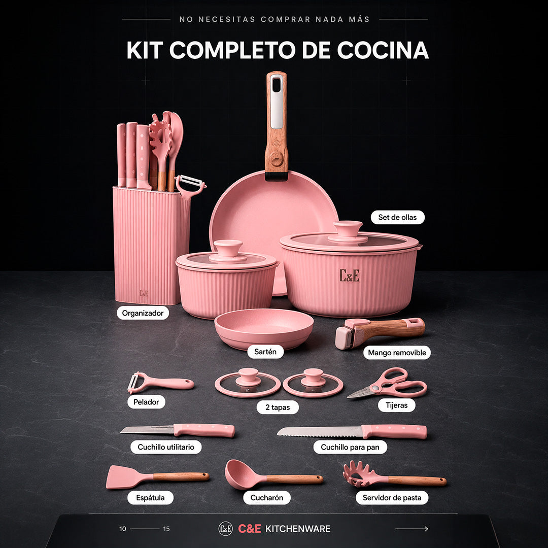 COMBO DE OLLA ROSADO + UTENSILIOS ROSADOS
