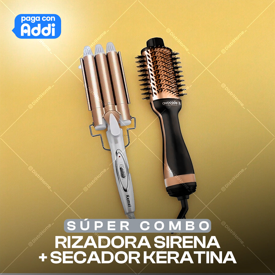 COMBO RIZADORA SIRENA + CEPILLO SECADOR KERATINA