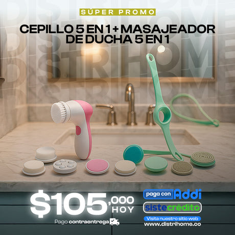 COMBO CEPILLO 5 EN 1 + MASAEJADOR DE DUCHA 5 EN 1