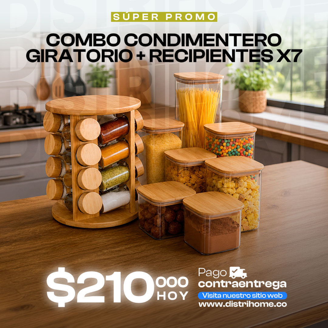 COMBO RECIPIENTES X7 + CONDIMENTERO MADERA