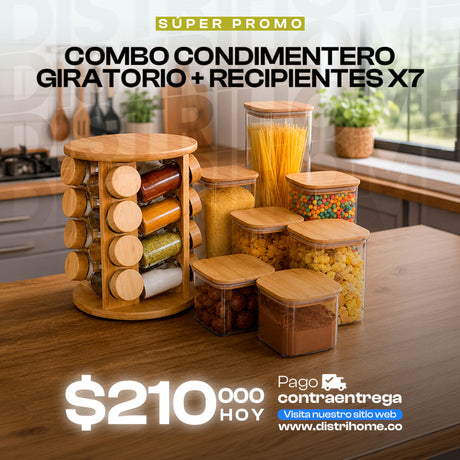COMBO RECIPIENTES X7 + CONDIMENTERO MADERA