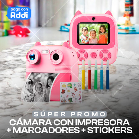 CAMARA IMPRESORA + STICKER + MARCADORES KIDS