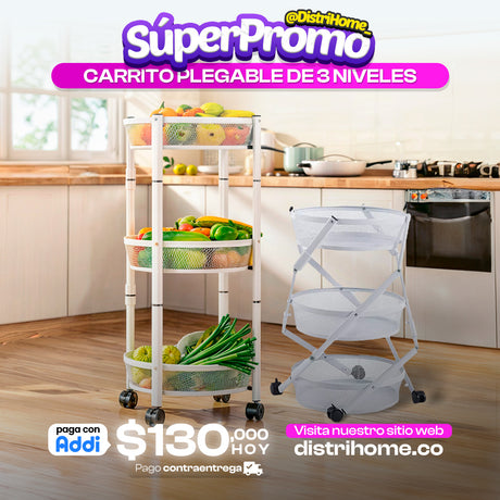 CARRITO ORGANIZADOR DE VERDURA 3 NIVELES PLEGABLE