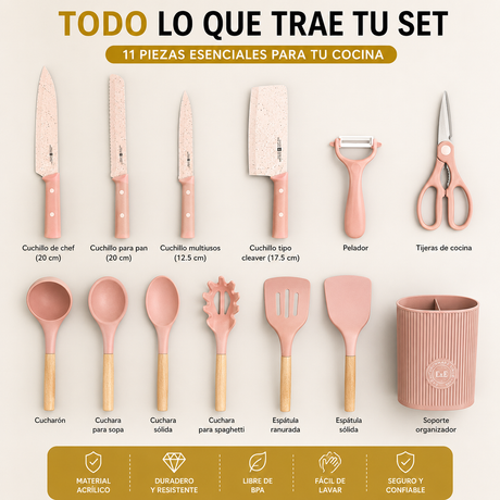 COMBO DE OLLA ROSADO + UTENSILIOS ROSADOS