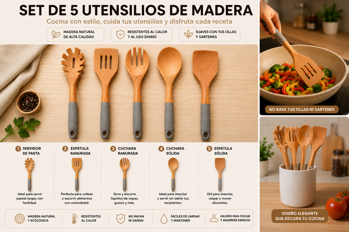 JUEGO DE 5 UTENSILIOS DE MADERA + BASE