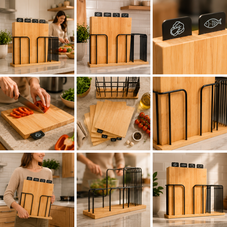 TABLAS DE PICAR EN MADERA X4 + BASE CUCHILLO