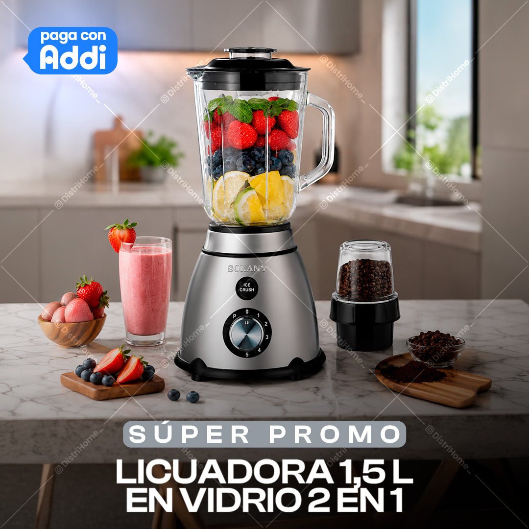 LICUADORA 2 EN 1 EN VIDRIO 1.5L