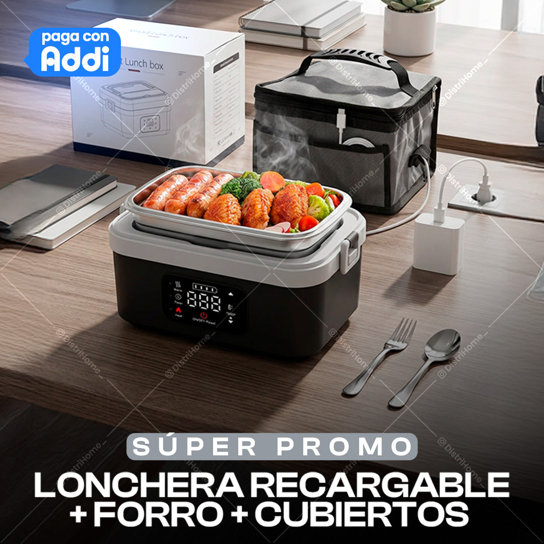 LONCHERA RECARGABLE + FORRO + CUBIERTOS