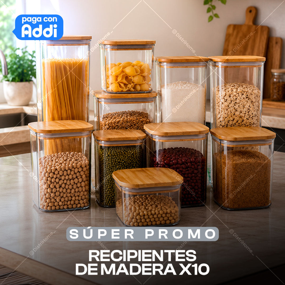 SET DE RECIPIENTES X10 CON TAPA DE MADERA