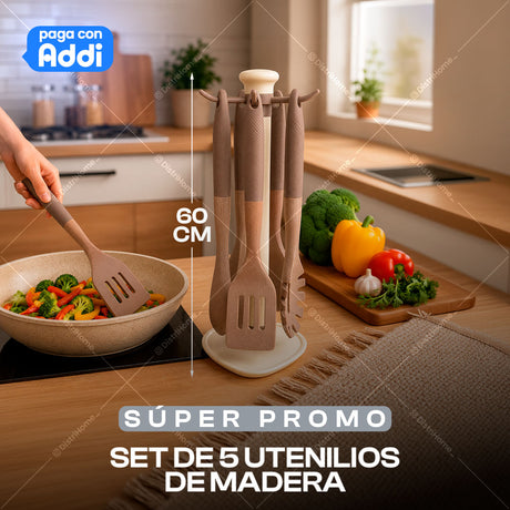 JUEGO DE 5 UTENSILIOS DE MADERA + BASE