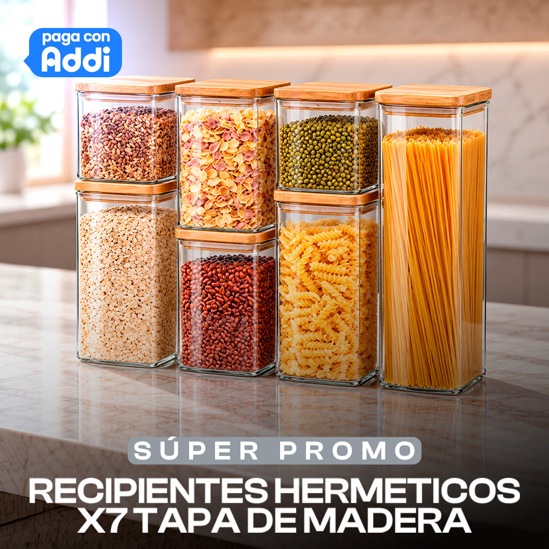 RECIPIENTES HERMETICOS x7 TAPA DE MADERA